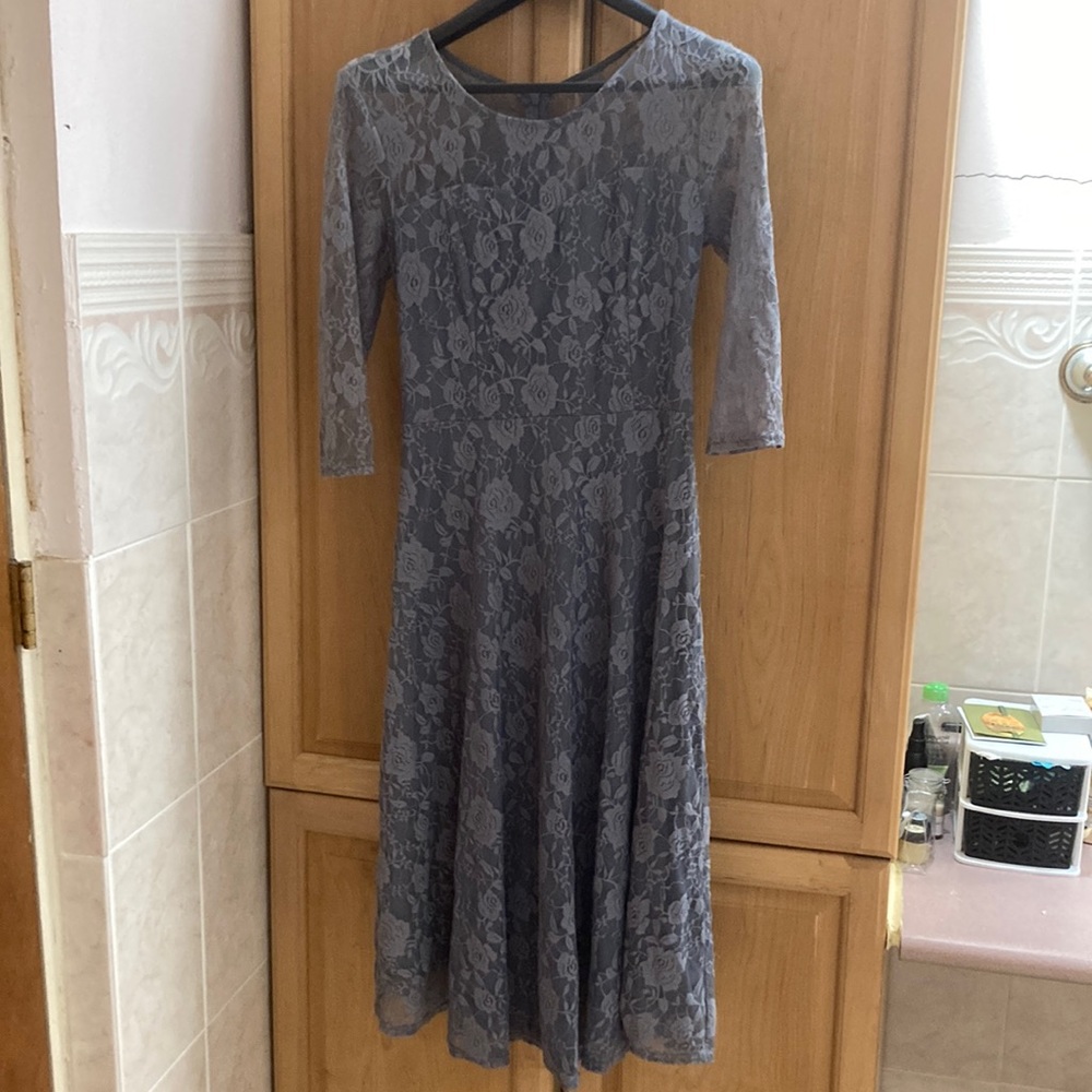 Grey lace knee length dress 3/4 sleeves